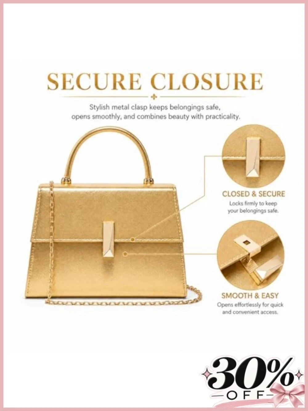 PU Leather Evening Clutch Top Handle Purse with Gold Metal Clasp Detachable